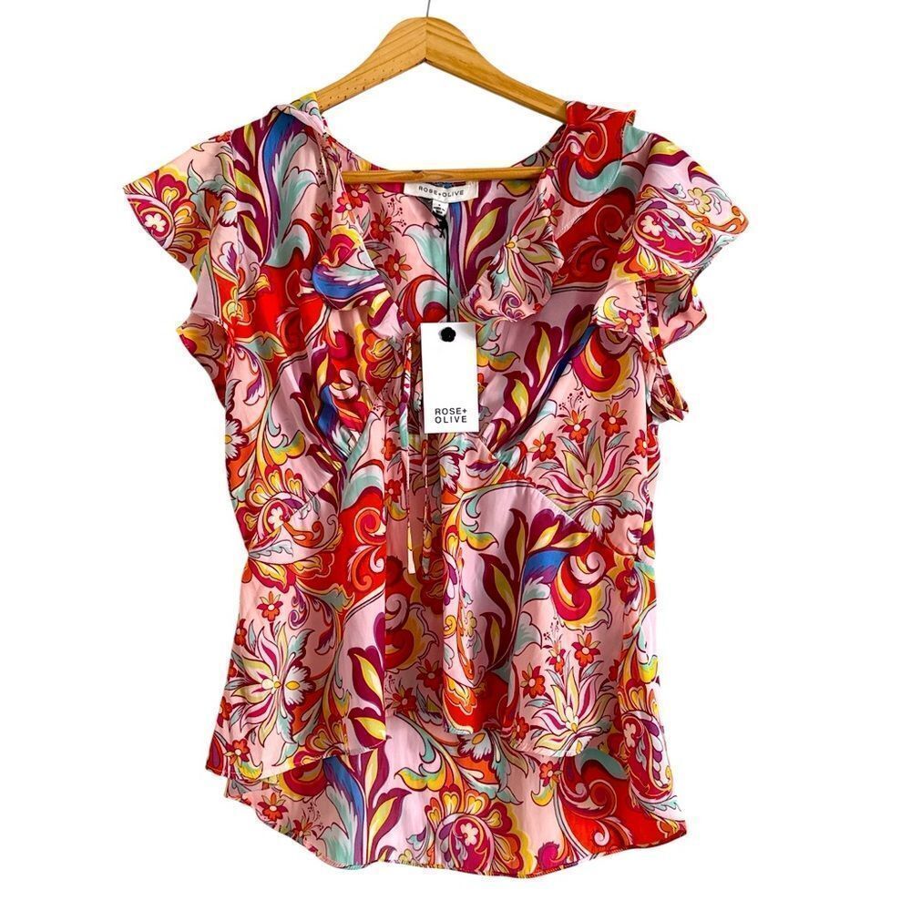 Rose & Olive Ruffled Flutter Sleeve Blouse in orange and Pink NWT